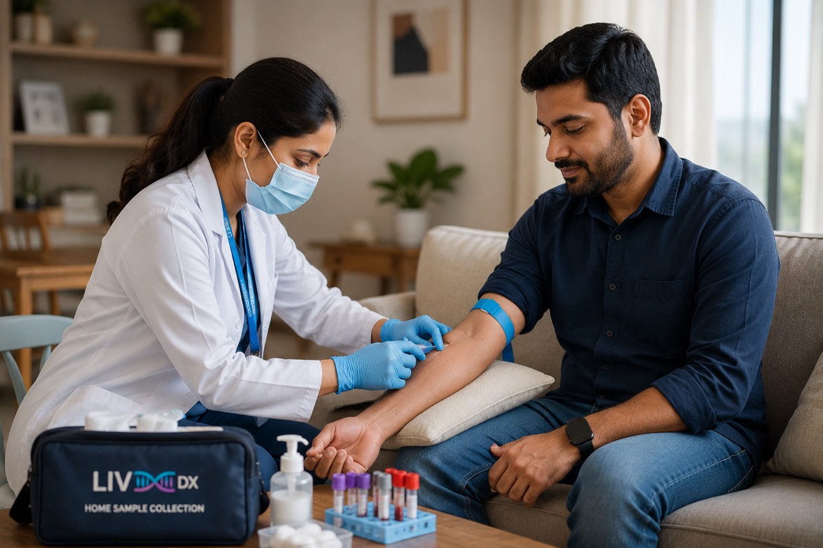 LivoxDX home sample collection — phlebotomist drawing blood at patient's home